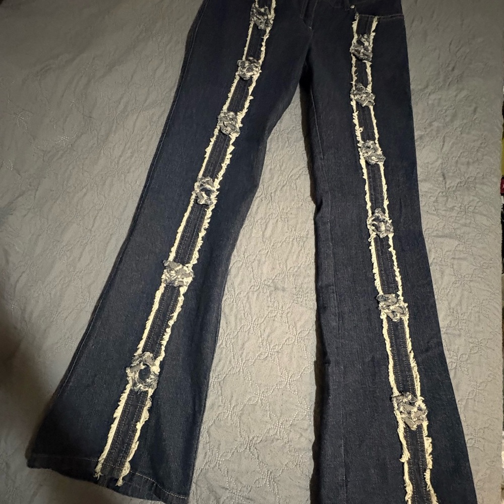Escada Dark Blue Flared Jeans with Distressed Cream Stripe Detail